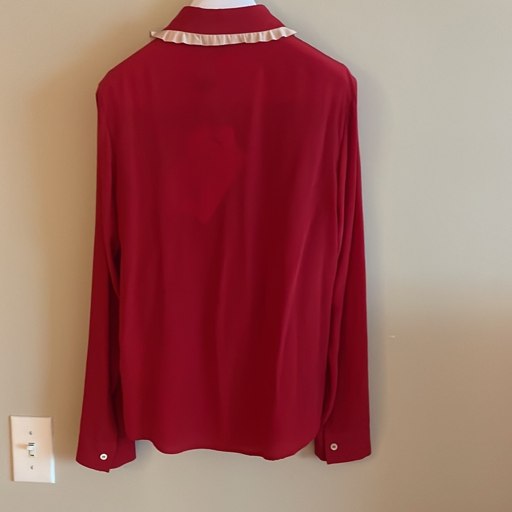 RED Valentino Silk Crepe Ruffle Tie Neck Button Down Blouse Red - Picture 10 of 14